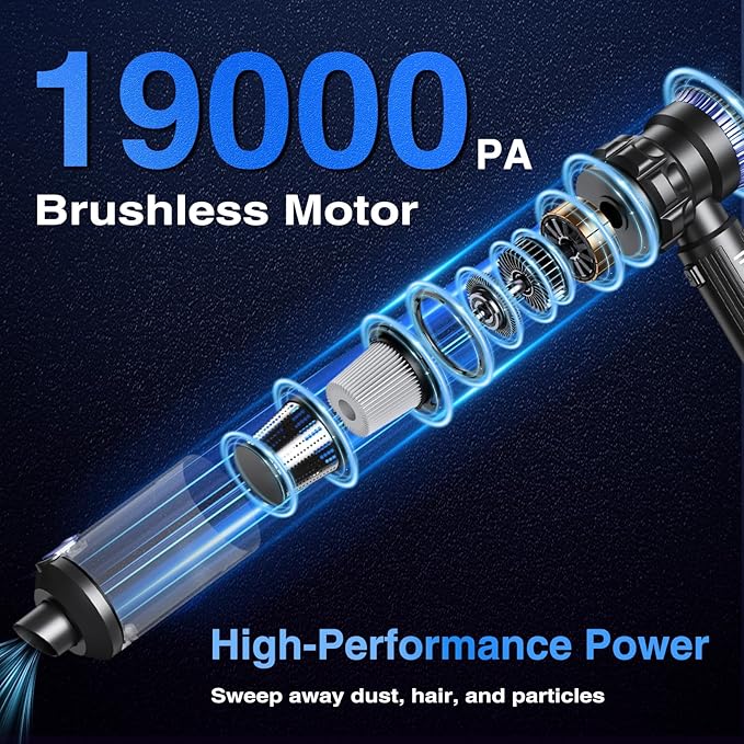 Car Vacuum Portable Cordless, 19000PA Suction Power [3 Suction Modes] & 6000mAh Battery [USB-C Charging Cable], 4-in-1 Wirele