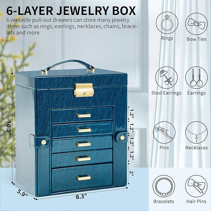 AKOZLIN 6-Tier Jewelry Box Lockable Leather Jewelry Storage Case with 5 Drawers for Women Girls Ring Necklace Earring Bracele