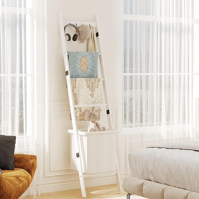 BAMBANG Bamboo Blanket Ladder with Basket, 5-Tier Quilt Rack Stand with 4 Hooks & Storage Hamper for Living Room Bathroom, Wa