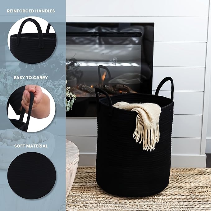 OrganiHaus Large Black Woven Laundry Basket w/Handles 52L, Rope Dirty Clothes Hamper, Blanket Basket for Living Room, Baby La