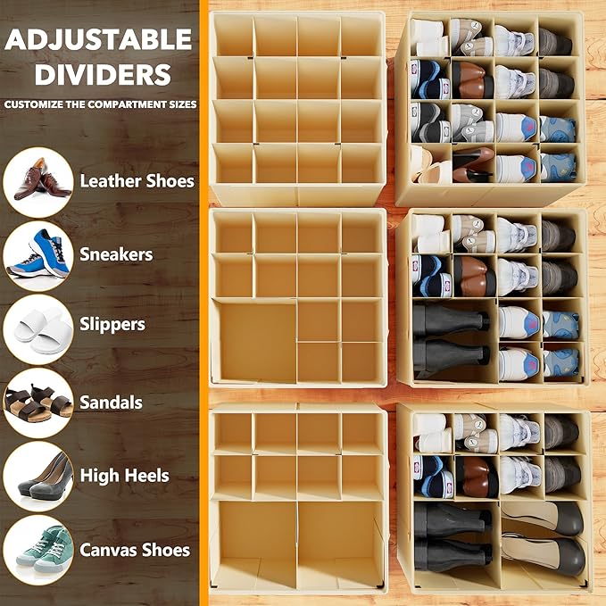 SpaceAid Shoe Organizer for Closet, 2 Pack Foldable Shoe Storage Containers Baskets Boxes Bins w/Adjustable Dividers, Fits 16