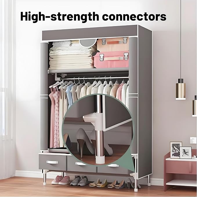 Portable Wardrobe Closet with Shelves & Drawers - Light Grey Oxford Fabric Clothes Organizer for Bedroom, Dorm Room - Waterpr