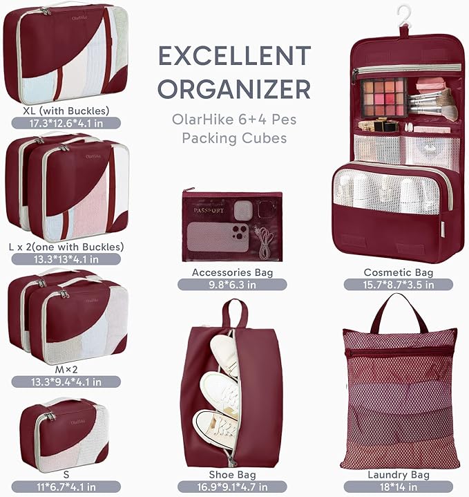 10 Set Packing Cubes for Travel, Gifts for Women Mom,Anti-Tearing Suitcase Organizer for Luggage with Shoe & Hanging Toiletry