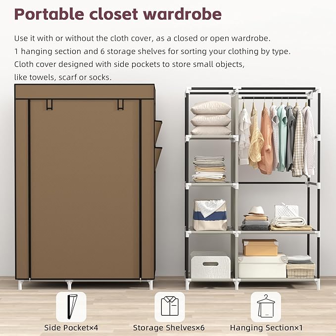 Calmootey Portable Closet Organizers, Clothing Storage, Wardrobe with 6 Shelves and Hanging Rod, Non-Woven Fabric Cover with 