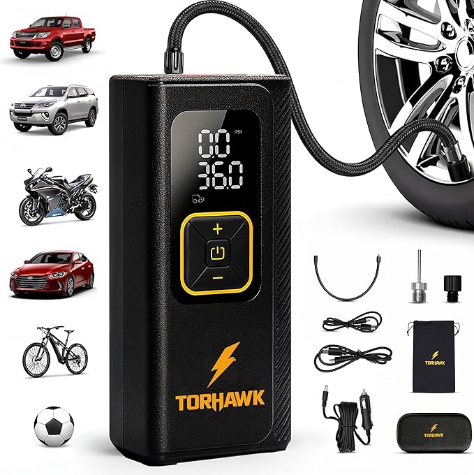 Dual Cylinder Tire Inflator Portable Air Compressor – Dual Power 160 PSI Cordless Air Pump for Car, Truck, SUV, Bike, Balls – 7500mAh Battery, Digital Gauge, LED Light & Auto Shut-Off