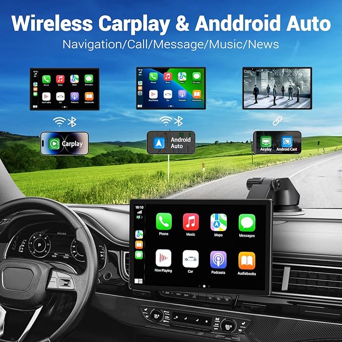 Wireless Apple Carplay Screen for Car 4K Dash Cam, 9" Portable Apple Carplay & Android Auto Car Stereo, with 1080p Backup Cam