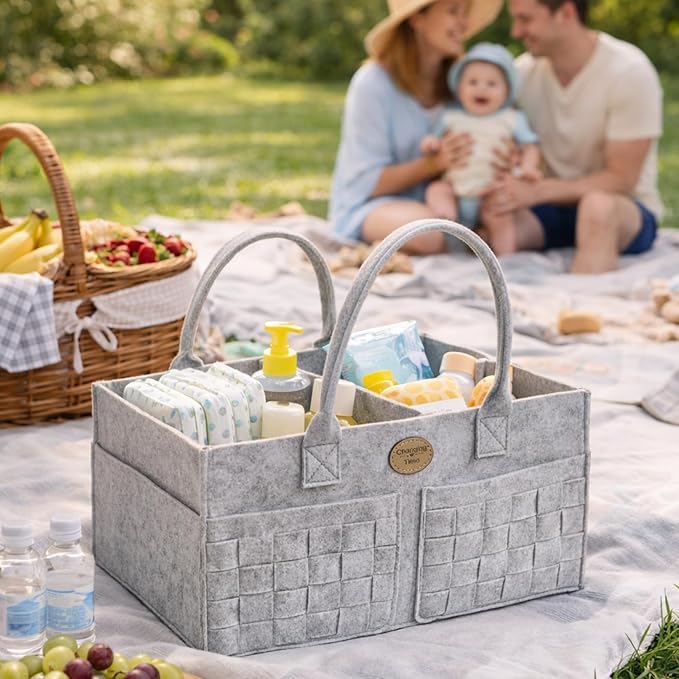 Baby Diaper Caddy Organizer for Nursery – Large Felt Storage Basket for Baby Essentials, Wipes & Diapers – Portable Nursery O