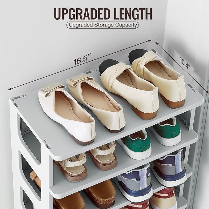 TRZZ 7-Tier Small Shoe Rack, Vertical Narrow Stackable Organizer with Removable Partition, Efficient Shoe Storage for Closet,