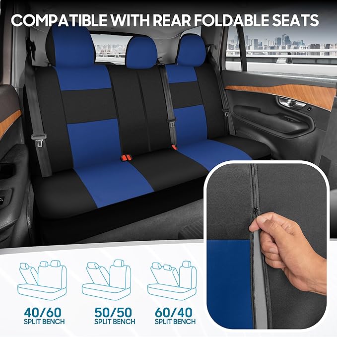 BDK PolyPro Car Seat Covers Full Set in Blue on Black, Front and Rear Split Bench Seat Covers for Cars, Easy to Install Car S