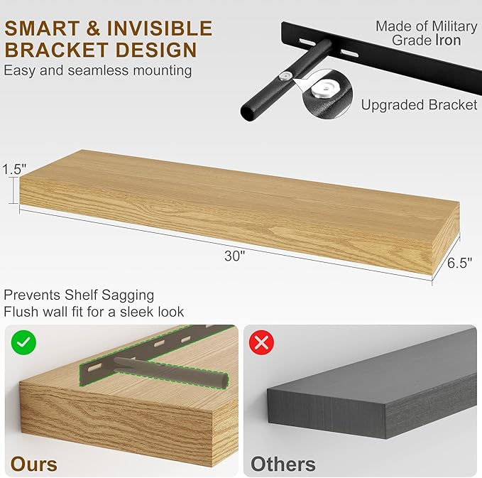 Fun Memories 30Inch Floating Shelves for Wall, 2 Pack Rustic Wood Shelves for Bathroom|Kitchen Wall Mounted Floating Shelf wi