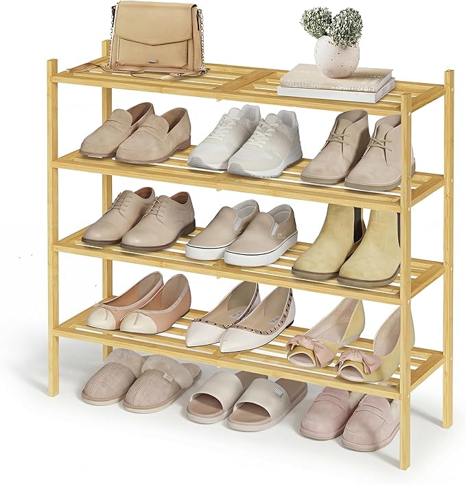 SONGMICS Bamboo Shoe Rack for Closet, Stackable Shoe Oragnizer with Modular Structure, Space-Saving Free Standing Shelf for E