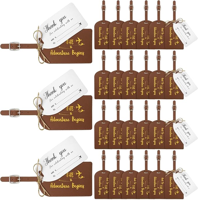Sweetude 48 Sets Leather Luggage Tag Bulk and So The Adventure Begins Luggage Tags with Name Card for Wedding Bridal Shower B