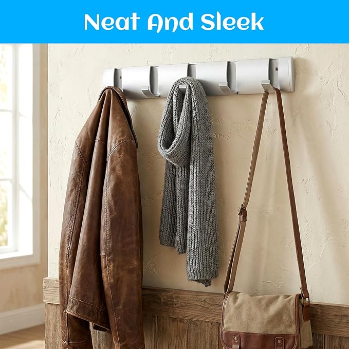 2 Pack Wall Mounted Coat Rack, Foldable Floating Rack, Space Saving Hangers Hook Rail with 5 Retractable Hooks, Aluminum Mode