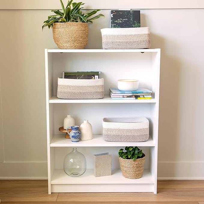 NaturalCozy 13.5”x8.5”x5.5” Storage Baskets for Shelves 3 Pack | Cotton Rope Woven Small Baskets for Organizing | Small Stora