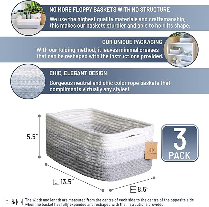 NaturalCozy 13.5”x8.5”x5.5” Rectangle Storage Baskets for Shelves 3 Pack | Cotton Rope Woven Small Baskets for Organizing | S