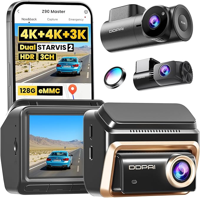 DDPAI 4K 3-Channel Dash Cam,Dashcam for Cars with 128G eMMC+CPL,Front & Rear & Inside(2160P+2160P+1080P),Dual STARVIS 2 Senso