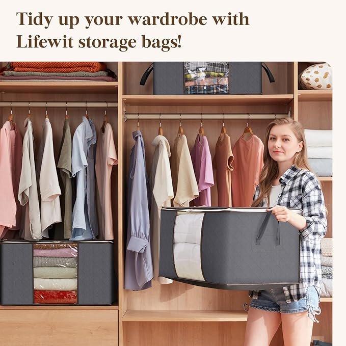 Lifewit 6 Pack Clothes Storage Bins with Lids, Foldable Blanket Storage Bags with Zippers, Clear Window and Reinforced Handle