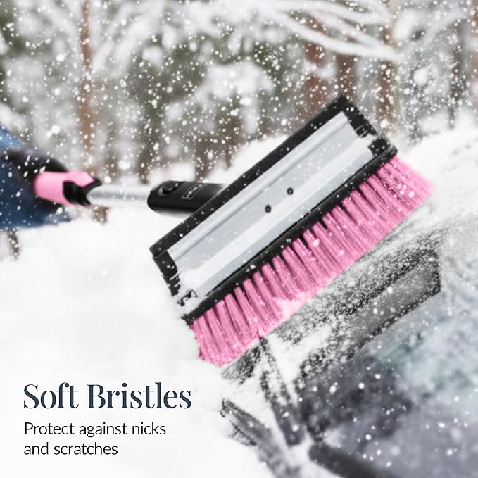 Best Choice Products 4 in 1 Snow Brush with Shovel, Squeegee & Ice Scraper, Up to 39" Extendable Foam Grip, 270° Pivoting Snow Brush for Car Truck SUV, Storage Bag Included - Pink