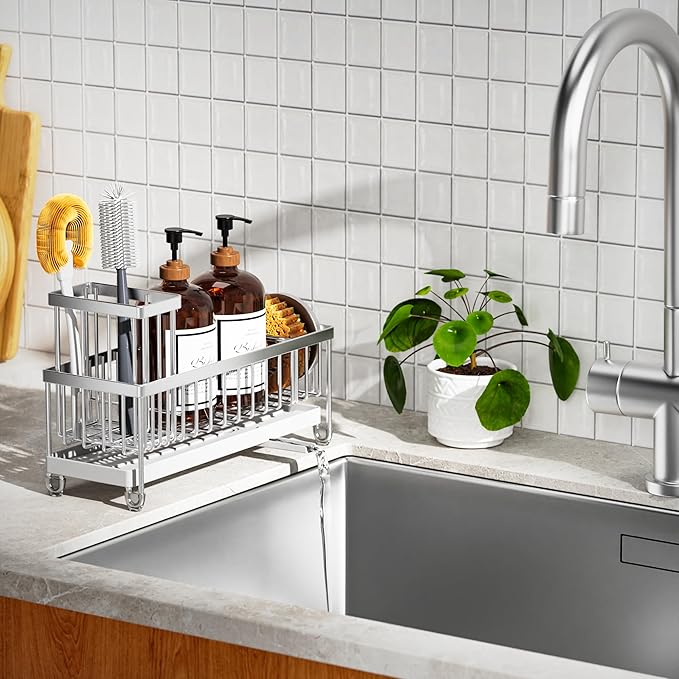 Cisily Sponge Holder for Kitchen Sink, Sink Caddy Organizer with High Brush Holder, Kitchen Countertop Organizers and Storage