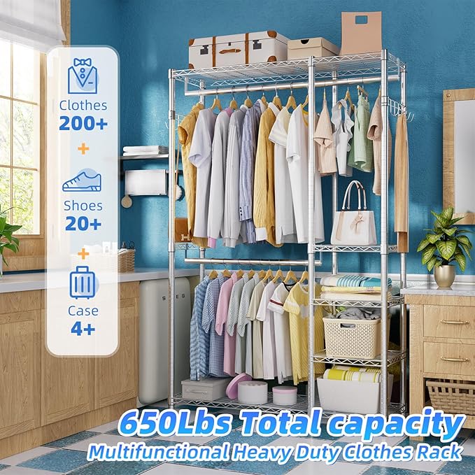 Simple Trending Heavy Duty Clothing Rack Loads 450 LBS, Garment Racks with Adjustable Shelves for Hanging Clothes, Metal Ward