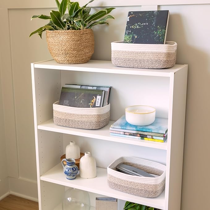 NaturalCozy 11.8"x8"x4.5” Storage Baskets for Shelves 3 Pack | Cotton Rope Woven Small Baskets for Organizing | Small Storage