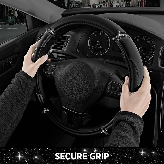 Road Comforts Leather Steering Wheel Cover - Made with PVC Leather - Anti-Slip, Universal Fit 14 1/2 inches to 15 inches - Bl