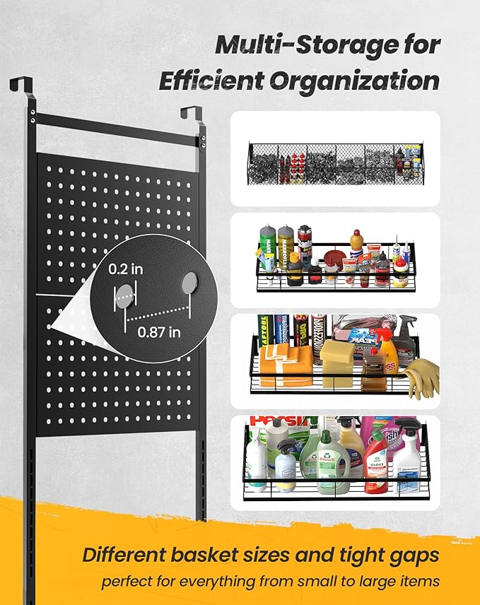 mustry Over The Door Garage Organizer, Behind The Door Storage with PegBoards and Baskets for Cleaning Supplies, Car Care, Sp