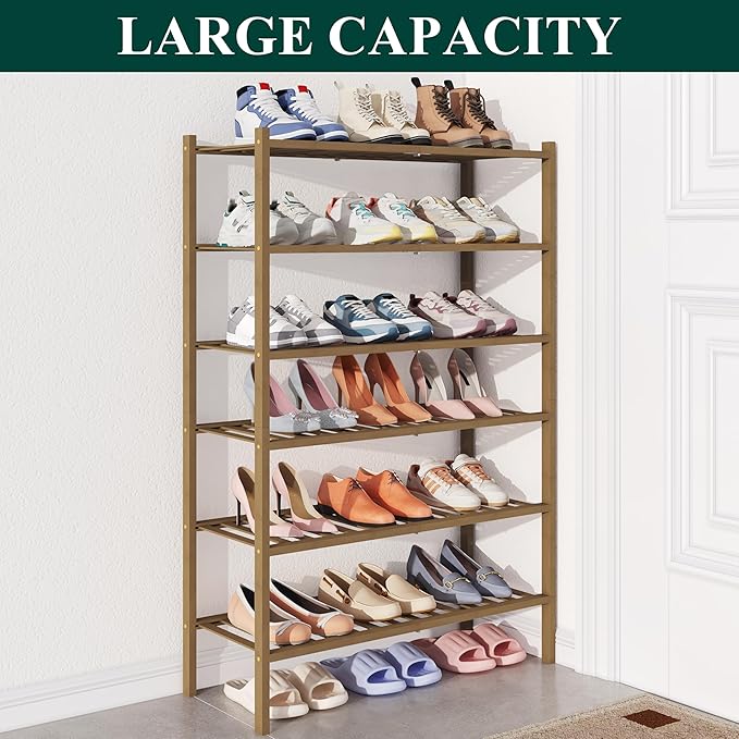 Smiry Bamboo Shoe Rack for Closet, 6 Tier Wooden Stackable Shoe Organizer, Free Standing Shoes Storage Shelf for Entryway, Fr