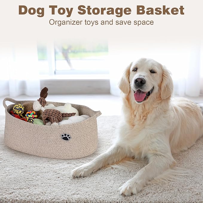 Optish Dog Toy Basket, Toy Box and Bin for Dog Cat Storage, 19.7" X 11" X 7.9" (30L) Large Woven Rope Basket for Blanket Stor