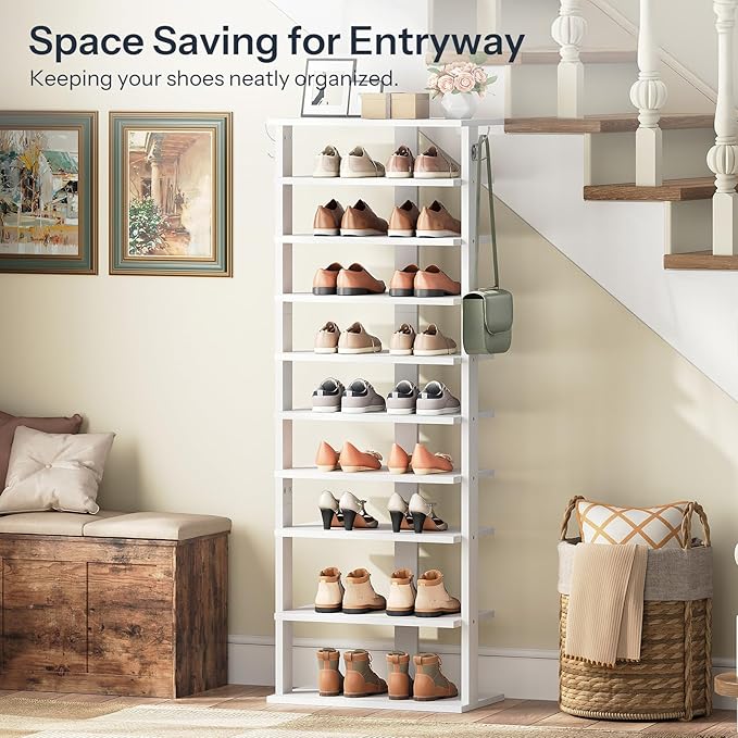 HOOBRO 10 Tiers Vertical Shoe Rack, Wooden Shoe Storage Organizer with Hooks, Narrow Shoe Tower for 20 Pairs, Space Saving, f