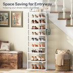 HOOBRO 10 Tiers Vertical Shoe Rack, Wooden Shoe Storage Organizer with Hooks, Narrow Shoe Tower for 20 Pairs, Space Saving, f