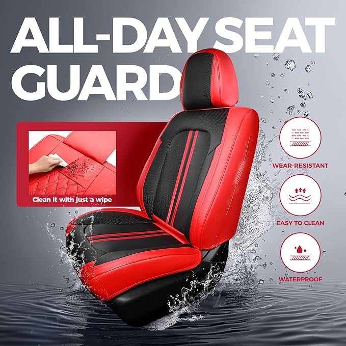 FREESOO Car Seat Covers Full Set, Black Red Waterproof Car Seat Cover, Leather Seat Covers for Trucks, Luxury Car Seat Covers