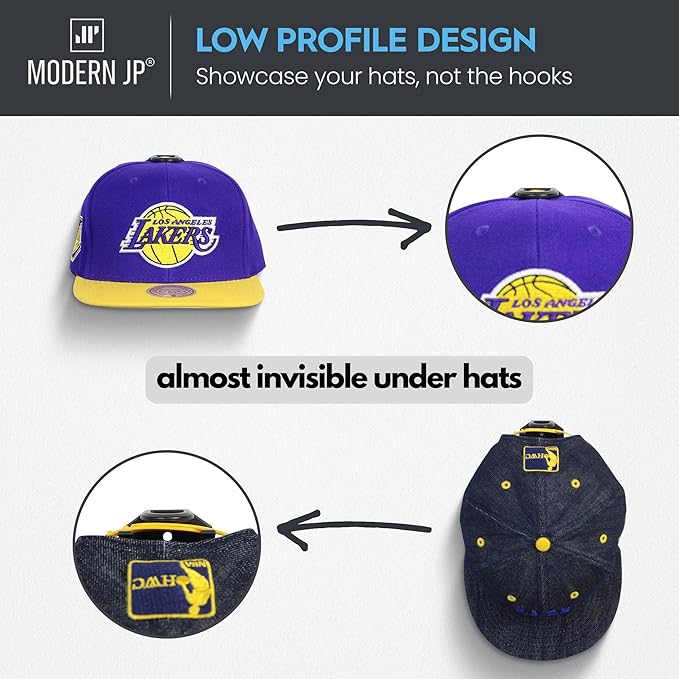 Modern JP Adhesive Hat Hooks for Wall (16-Pack) - Hat Rack for Baseball Caps, Minimalist Hat Display, Strong Hold Hat Hangers