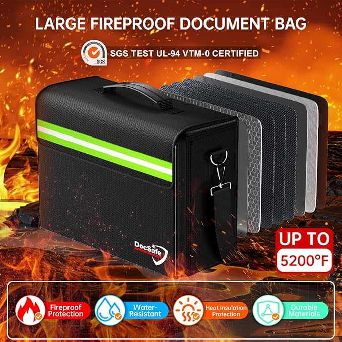 DocSafe 5200°F Large Fireproof＆Wate-Resistant Document Bag with Multiple Pockets,(17”x12.5”x7.2”) File Storage Organizer Impo