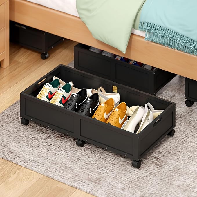 Wood Under Bed Storage Containers Underbed Organizer with Wheels Sturdy Wood Rolling Under Bed Shoe Storage Organizer 2 Packs