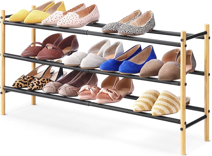 Whitmor 3-Tier Expandable Shoe Rack - Store up to 12 pairs of shoes - Bamboo & Matte Black