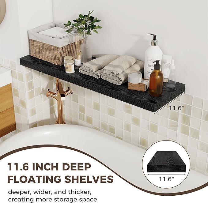 Fun Memories 12 Deep Floating Shelves, 40W x 12D Floating Shelves for Wall Set of 2, Extra Deeper Hanging Wood Shelves for Wa
