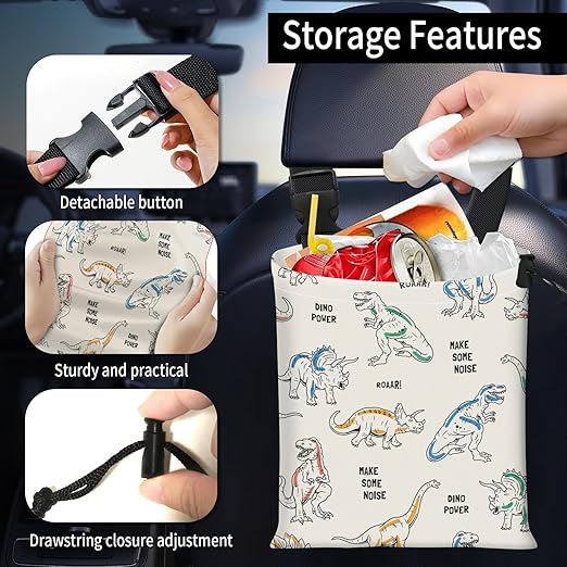 Car Trash Bag Large Hanging Can for Back of Seat, Cute Waterproof Car Garbage Bag for Vehicle, Travelling, Outdoor Cute Colorful Dinosaur