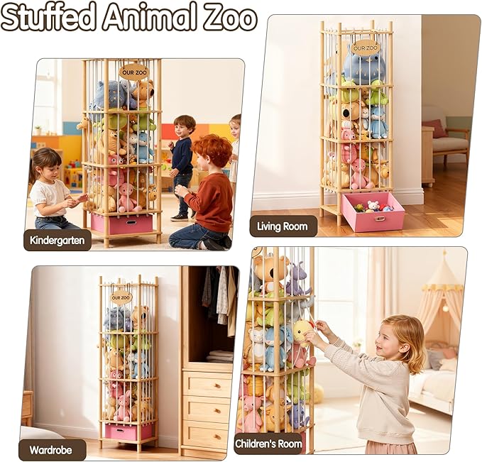 Brelley Stuffed Animal Storage Wood Toy Storage Organizer with Drawer, Large Toy Chest Stuffed animal holder for Kids Nursery