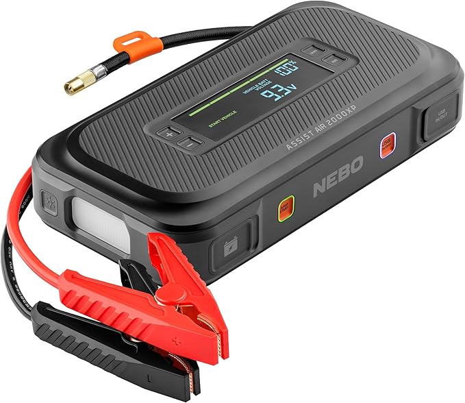 NEBO Assist Air 2000XP Jump Starter and Air Compressor | 55.5Wh Power Supply Box Restarts 12V Battery Vehicles, 150 PSI Air