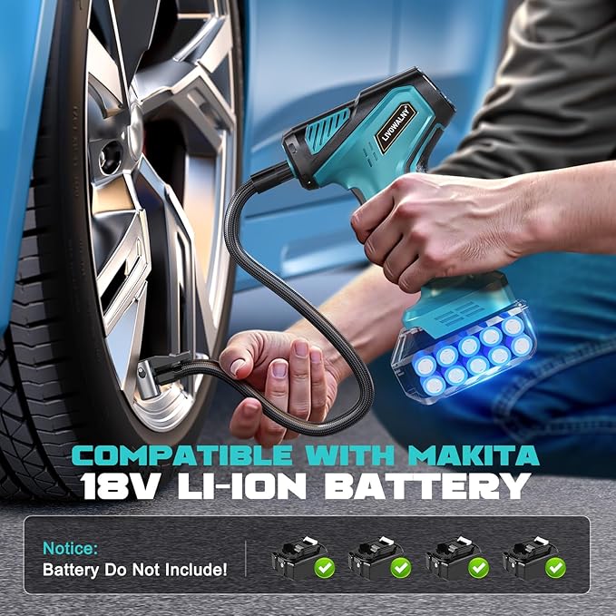 Tire Inflator Portable Air Compressor Compatible With Makita 18V Battery, LIVOWALNY 150PSI Air Pump, Cordless Tire Pump Digital Pressure Gauge, Tire Inflator for Car, Bike, Motorcycle (No Battery)