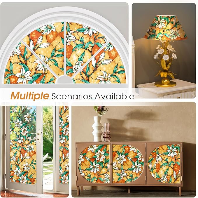 Coavas Decorative Window Privacy Film, Heat Control Sun Blocking Stained Glass Window Film, Floral Design Static Cling, Non Adhesive Windows Tint for Bathroom Front Door(Vinyl, 29.5" x 118.1 ")