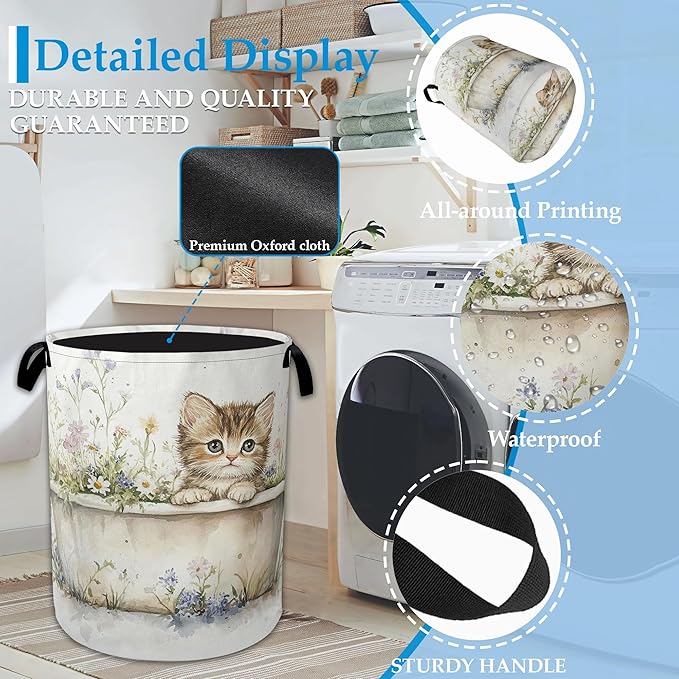 Cute Cat Laundry Hamper Bathtub Flowers Laundry Basket Collapsible Portable Clothes Toy Storage Bin for Bathroom Bedroom Room