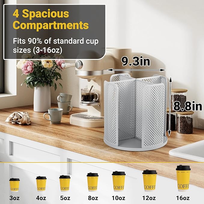 4-Compartment Rotating Paper Cup Holder & Coffee Cup Lid Storage Dispenser, Plastic Cup Dispenser Removable, Space-Saving Cou