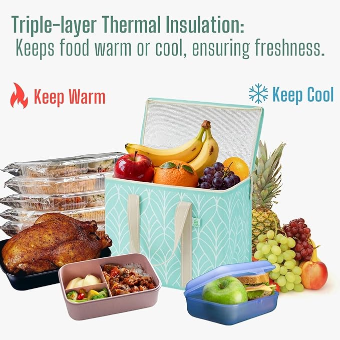 VENO 2 Pack Cooler Bag, Insulated Grocery Bags for Food Delivery, Collapsible Cooler, Reusable Shopping Bags for Groceries, Hard Bottom, Zippered, Foldable (Evergreen, 2 Pack)