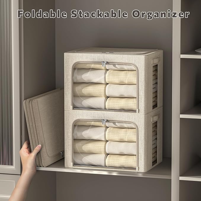 FHSQX 6 Pack Clothes Storage Bins with Metal Frame- Foldable Storage Bins for Clothes Linen Fabric Storage Box with Opening C
