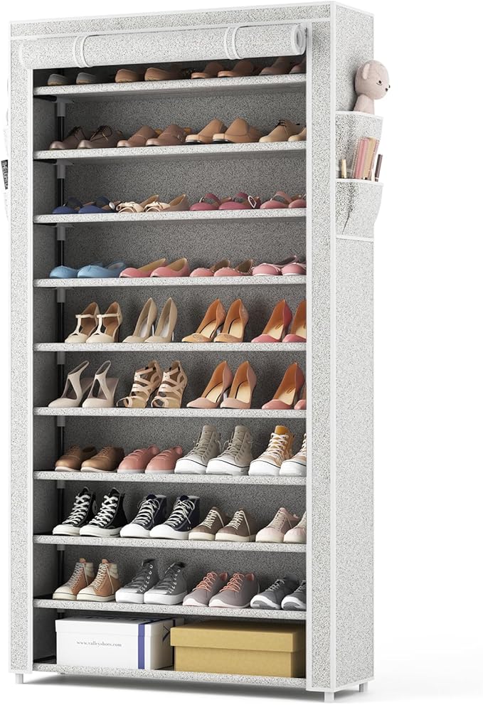 ROJASOP 10 Tier Shoe Rack with Covers Large Capacity Stackable Tall Shoe Shelf Storage for 50-55 Pairs Shoe and Boot, Sturdy 