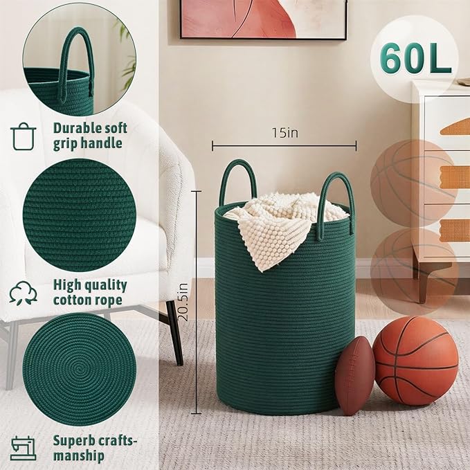 Artfeel Laundry Basket,Woven Cotton Rope Laundry Hamper,60L for Decorative Storage of Dirty Clothes,Toys and Blankets in Bath