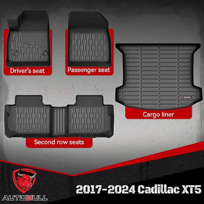 Floor Mats & Cargo Liner Compatible with 2017-2025 Cadillac XT5 Cargo Mat, Full Set All Weather Protection 1st, 2nd Row Car Liners & Trunk Mat, Black