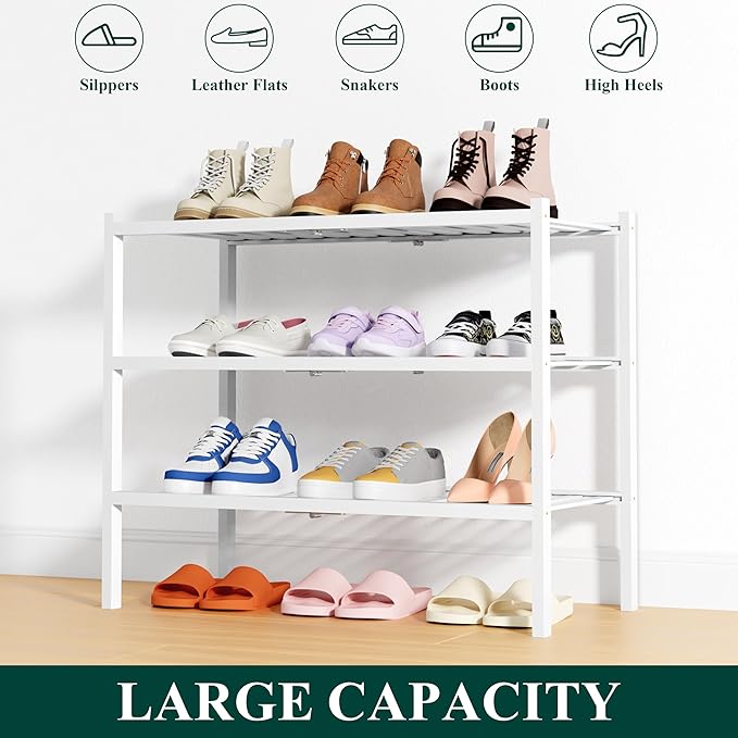 Smiry Shoe Rack, 3 Tier Thick Bamboo Shoe Organizer, Stackable Free Standing Wooden Shoe Storage Shelf for Closet, Entryway, 